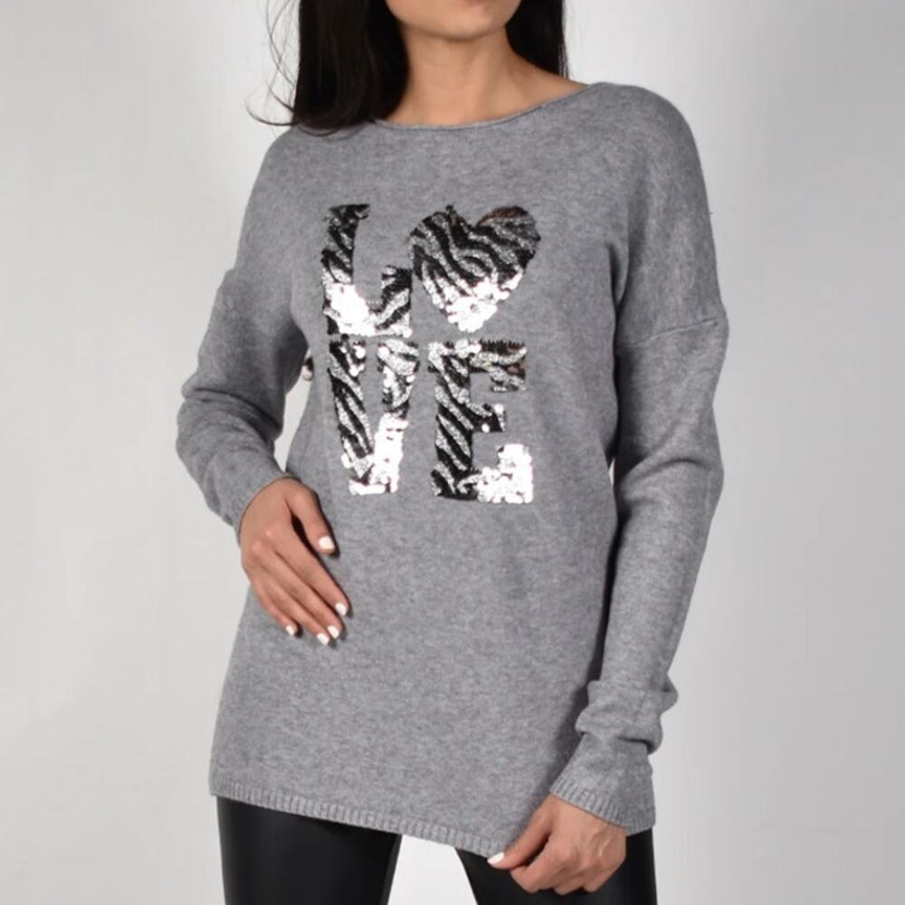 FRANK LYMAN DESIGN Love Sweater Sequin Embellished Boat Neck Grey Womens Size L
